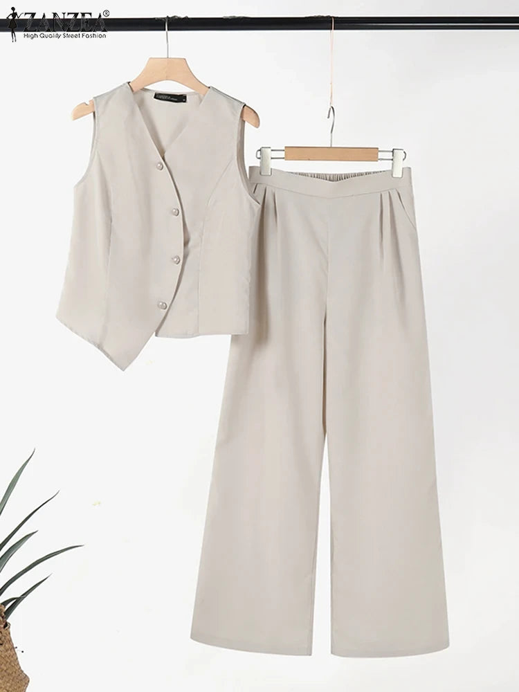 ZANZEA Sleeveless Top Wide Leg Trouser Set