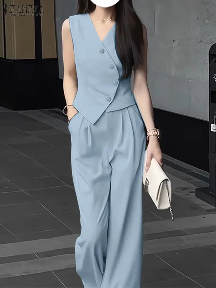 ZANZEA Sleeveless Top Wide Leg Trouser Set