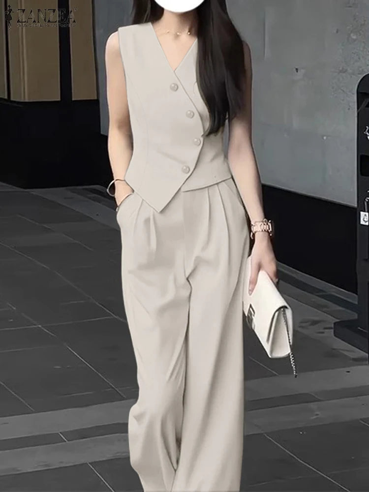 ZANZEA Sleeveless Top Wide Leg Trouser Set
