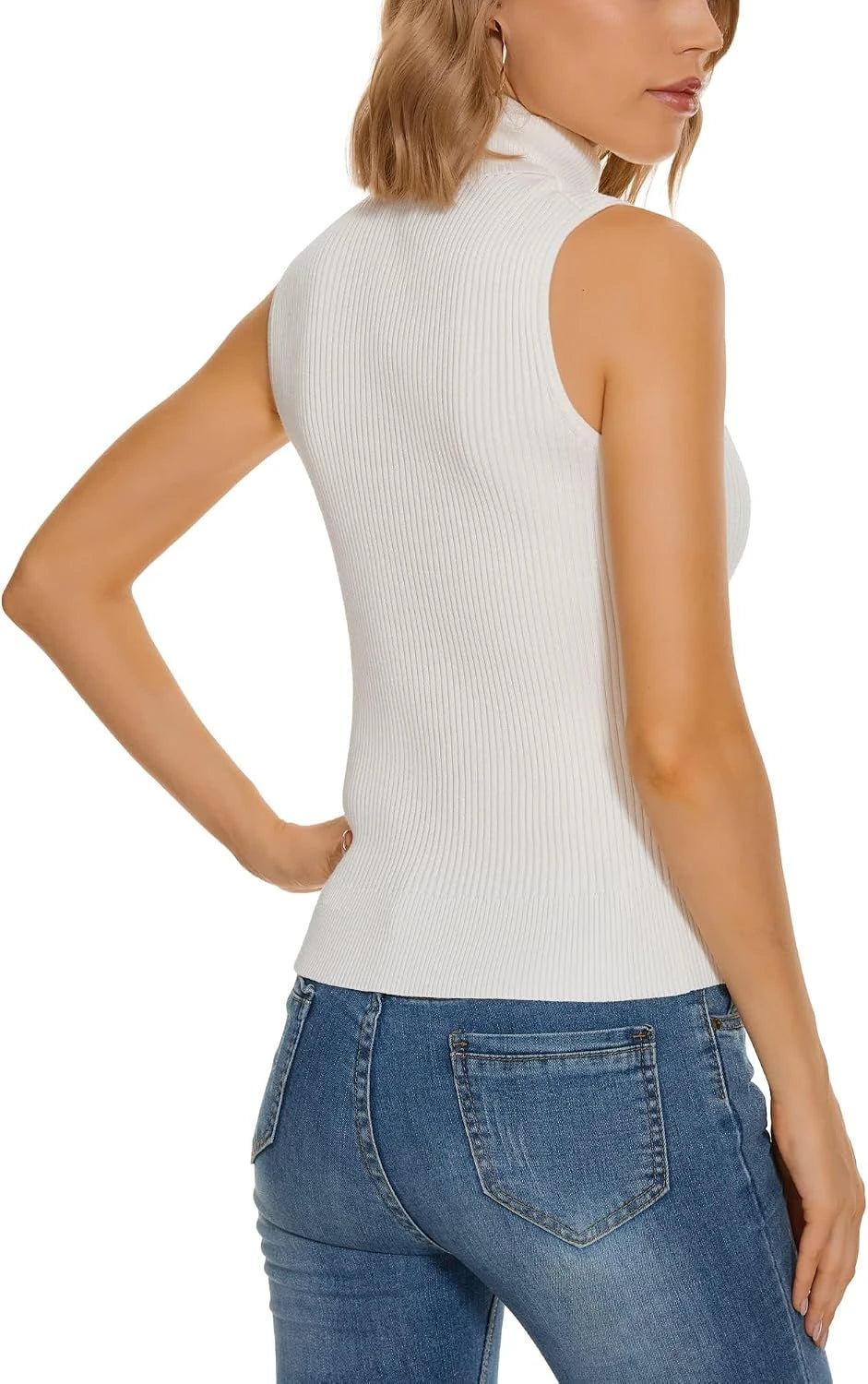 Ribbed Knit Sleeveless Mock Turtleneck