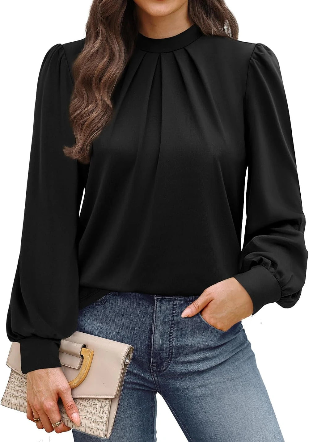 Mock Neck Pleated Blouse